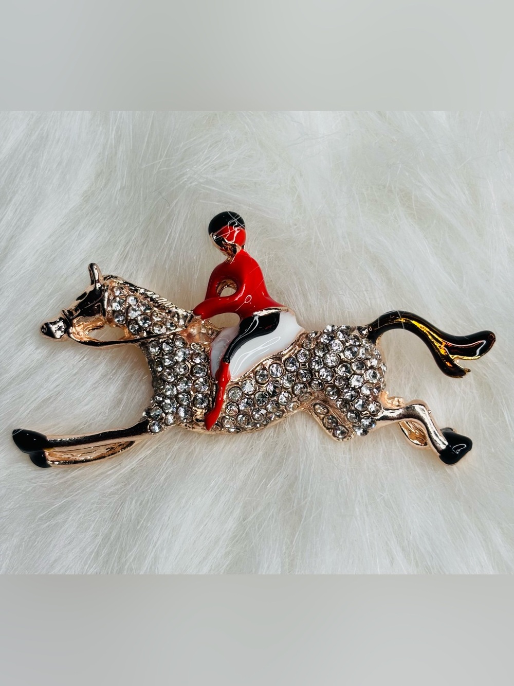 Rhinestone Horse & Jockey Brooch Rose Gold Tone Equestrian Racing Statement Pin